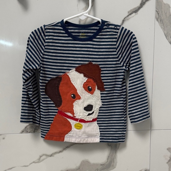 BODEN BABY Striped Blue & Grey Long Sleeve Shirt with Dog Patch - Picture 1 of 6